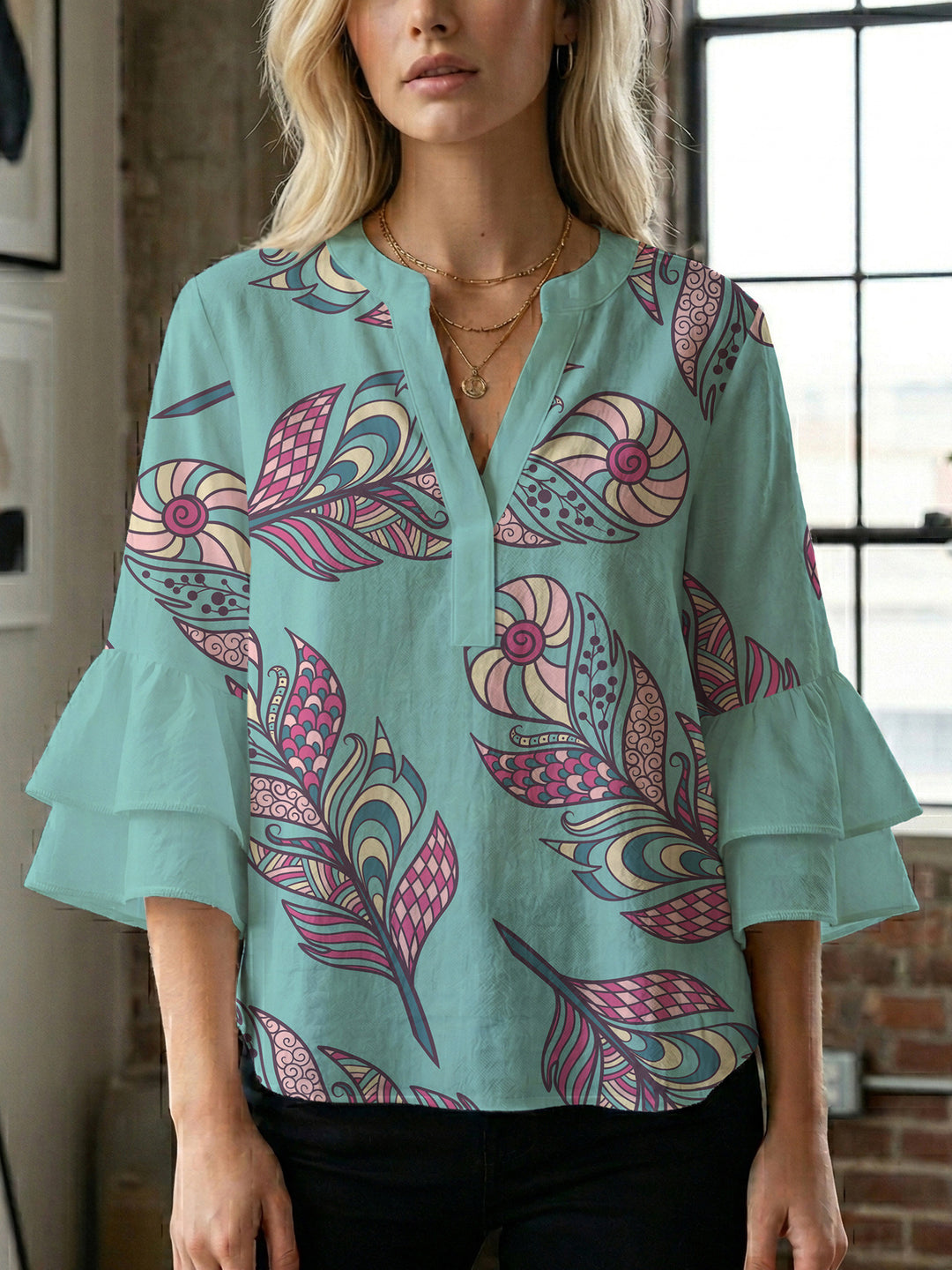Women's blouse with voluminous ruffle sleeves and creative floral design Lune London