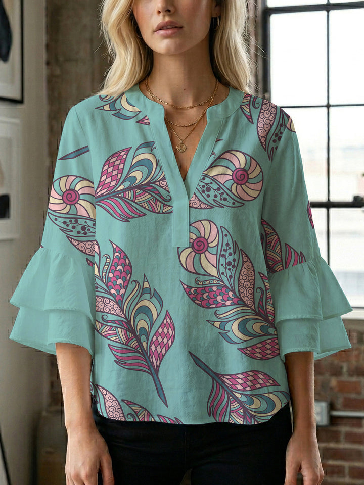 Women's blouse with voluminous ruffle sleeves and creative floral design Lune London