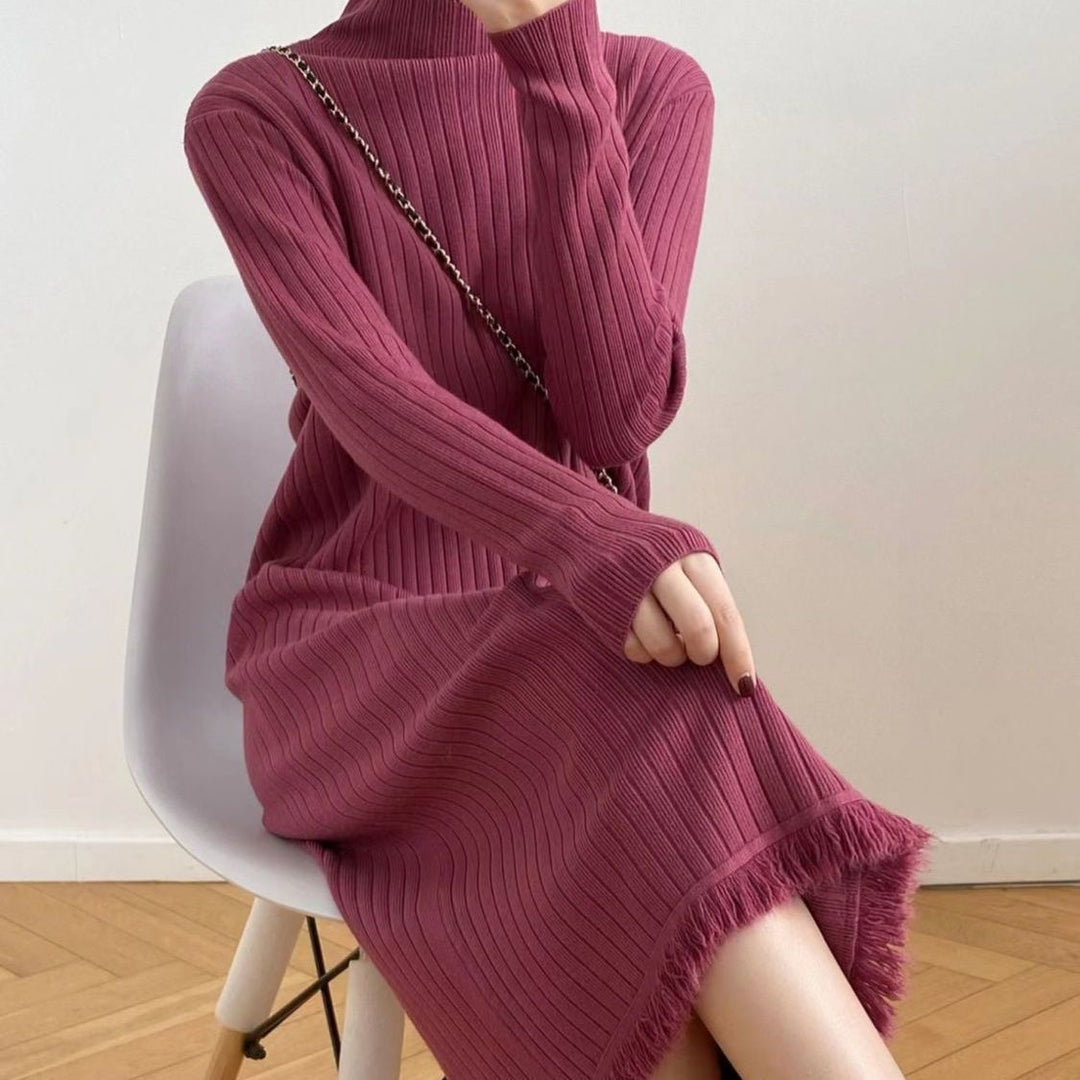 Robe tricotée pour femme avec col haut et décoration à franges tendance Chic & Stil