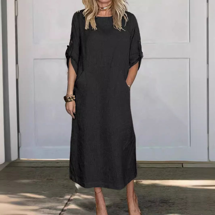 Lune London Long Casual Dress with Long Sleeves for Women with Practical Pockets and Roll-Up Sleeves