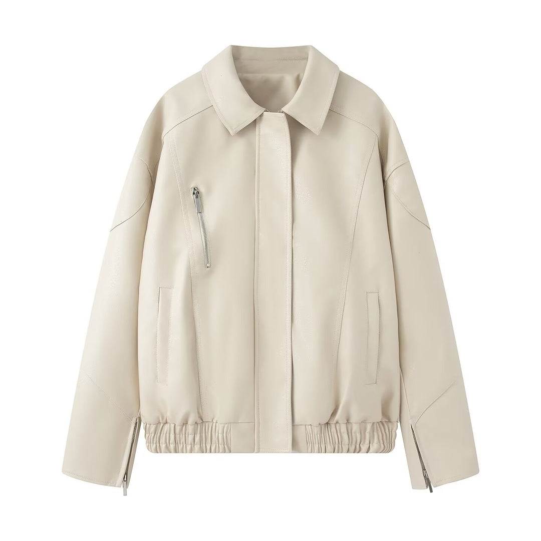 Casual faux leather jacket for women with elastic waist and practical zip pockets Lune London