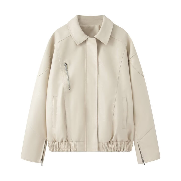 Casual faux leather jacket for women with elastic waist and practical zip pockets Lune London