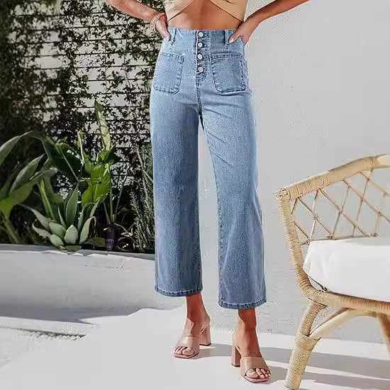 Women's High-Waist Jeans with Button Detail and Wide Leg Lune London