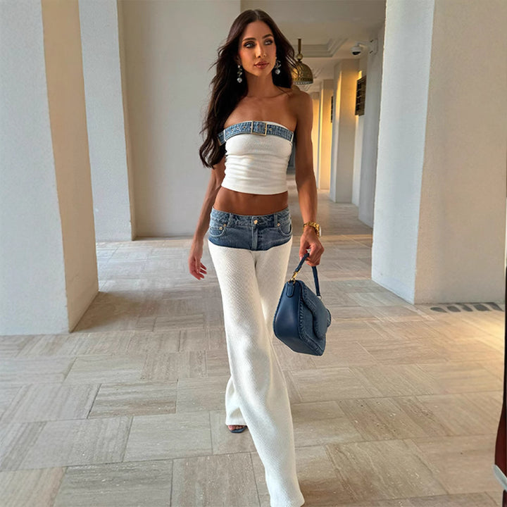 Stylish mesh pants for ladies with denim inserts Lune London