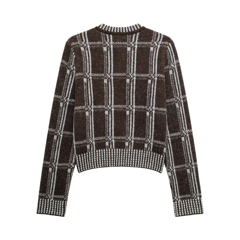 Knitted jacket for women with a modern check pattern and button closure Lune London