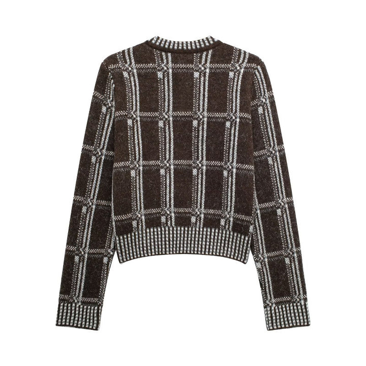Knitted jacket for women with a modern check pattern and button closure Lune London