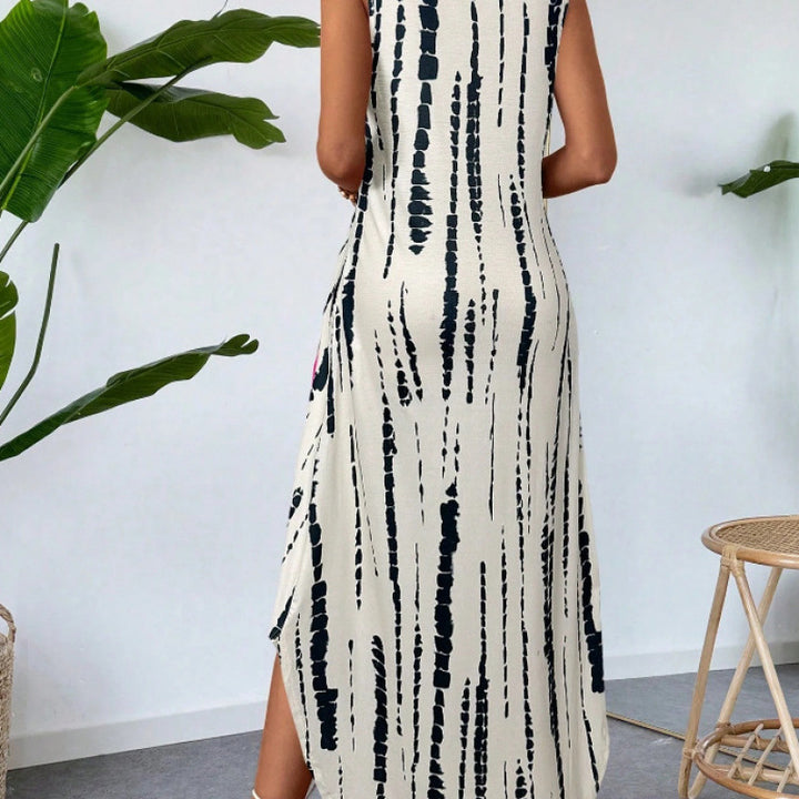 Vibrant Abstract Maxi Dress for Women with Chic Ruffle Hem and Style
