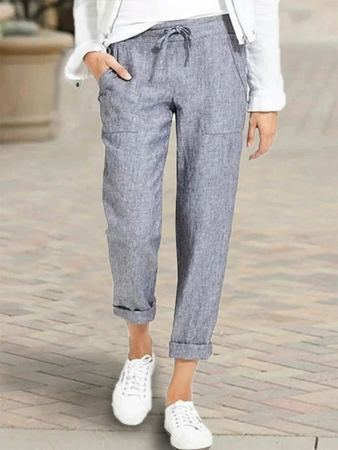 Relaxed linen trousers for women with elastic waist and practical pockets Lune London