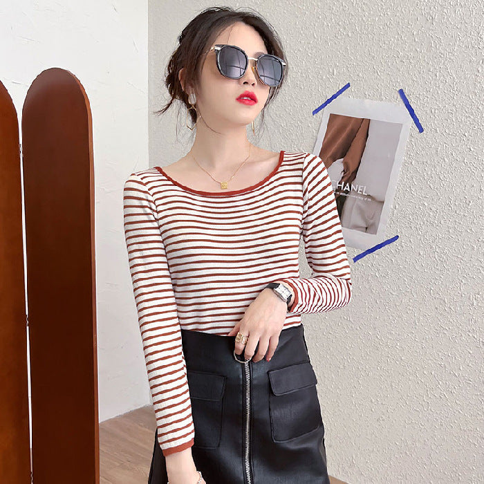 Women's long-sleeve shirt with maritime striped pattern and wide round neckline Chic & Stil