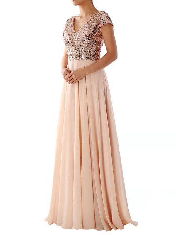 Chic Und Stil | Women Dresses V-Neck Sequin Chiffon Panel Maxi Dress