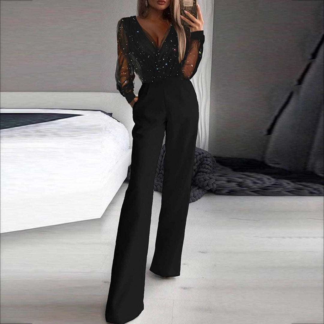 Women Elegant Jumpsuit with Transparent Sleeves and Sparkling Details Lune London