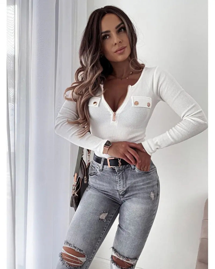 Women Long Sleeve T-Shirt with Shiny Zipper Closure and Decorative Button Details Lune London