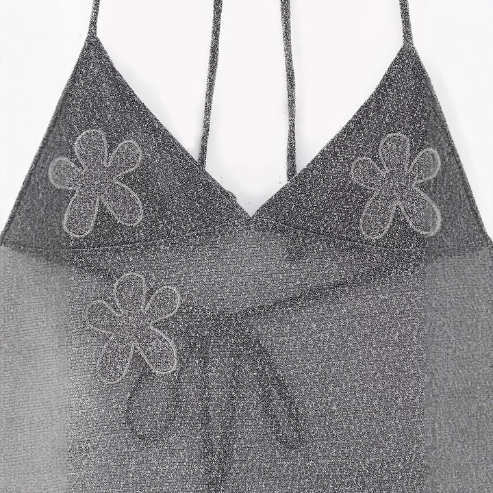 Maxi dress woman with floral appliqués and tie-up top Lune London