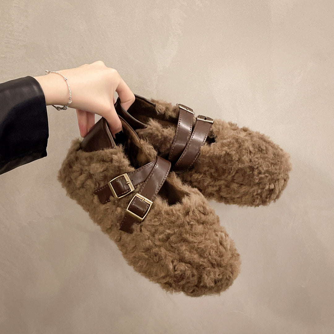 Plush slippers for women with adjustable strap design Lune London