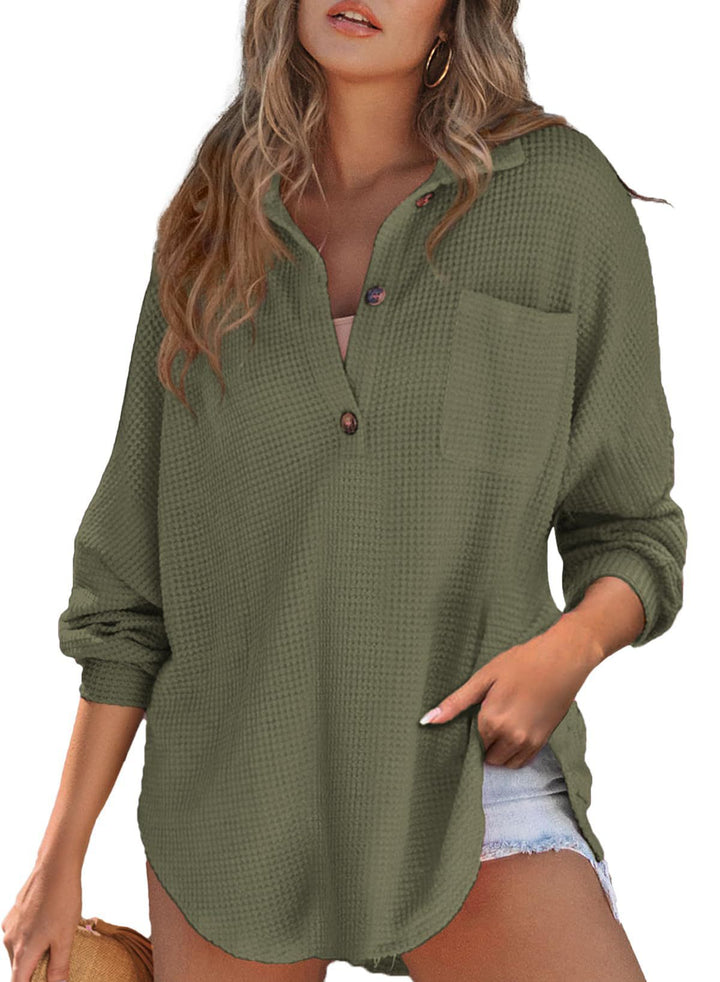 Women's casual ribbed knit top with button placket Lune London