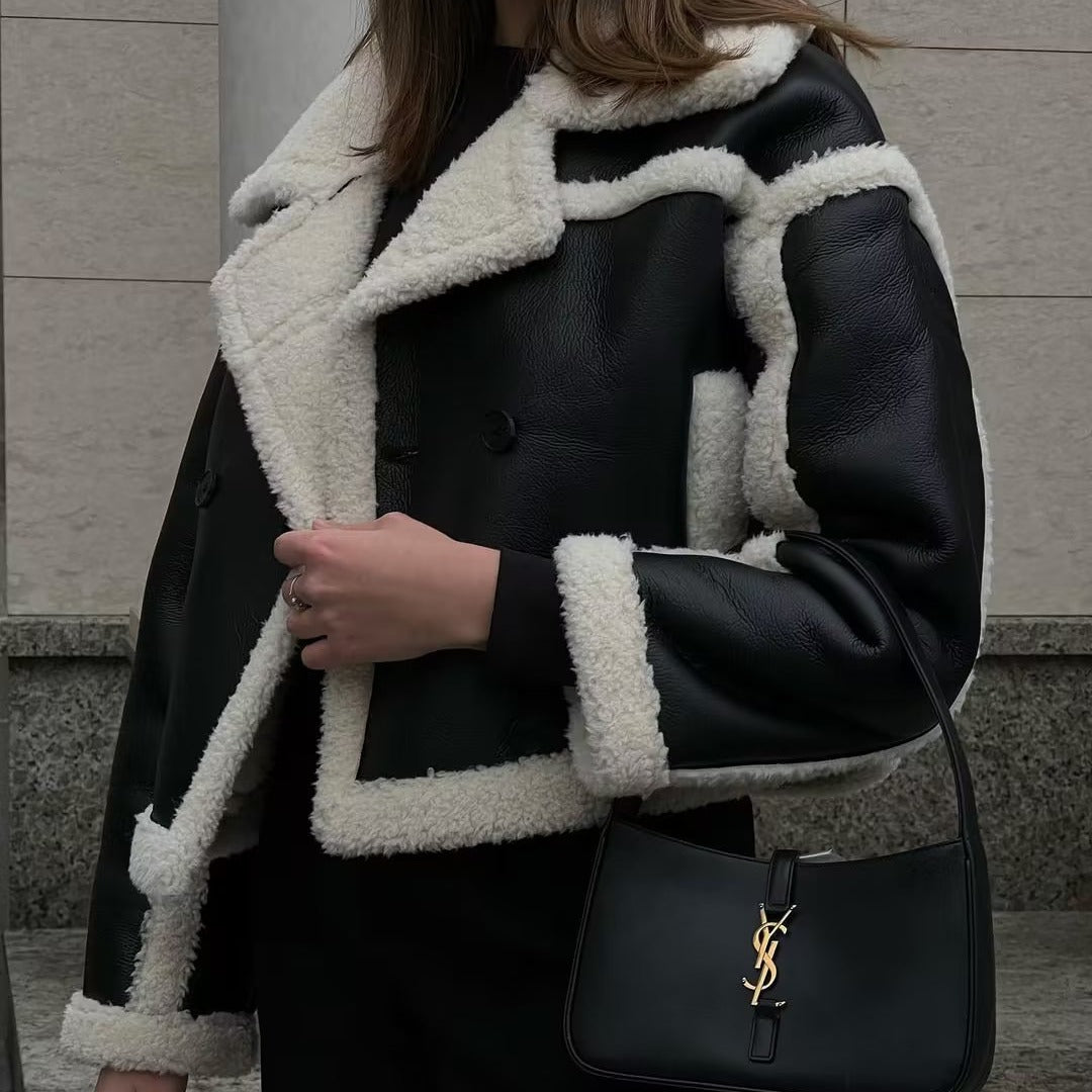 Casual faux leather jacket for women with teddy fur collar and double buttons Lune London