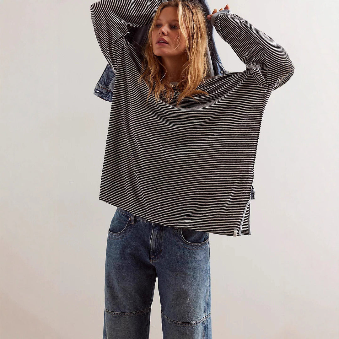 Chic and stylish oversized casual T-shirt for women with stripes