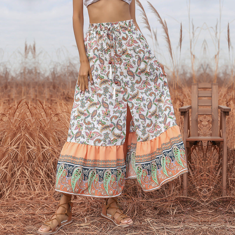 Fluid maxi skirt for women with paisley print and ruffled hem Lune London
