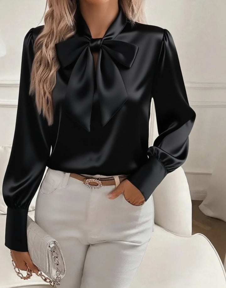Women elegant satin blouse with bow collar and puff sleeves Lune London