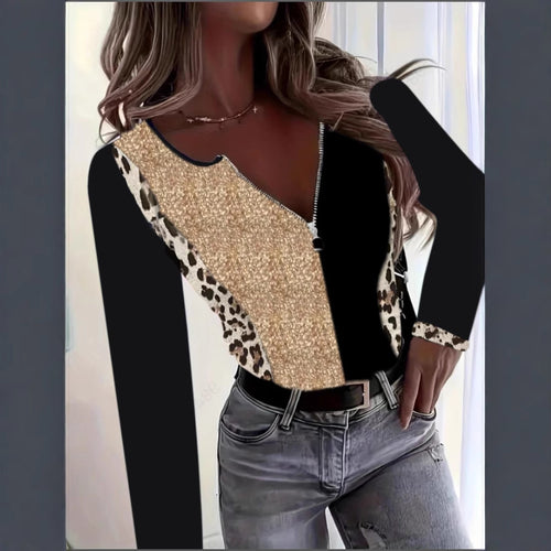 Ladies Shiny top with zipper and animal print Lune London