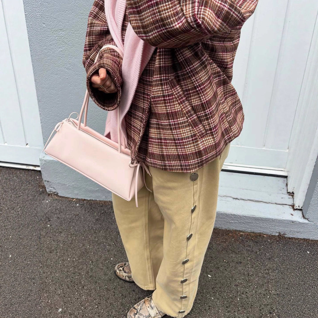 Ladies Oversized Checked Jacket with High Collar and Single Button Placket Lune London