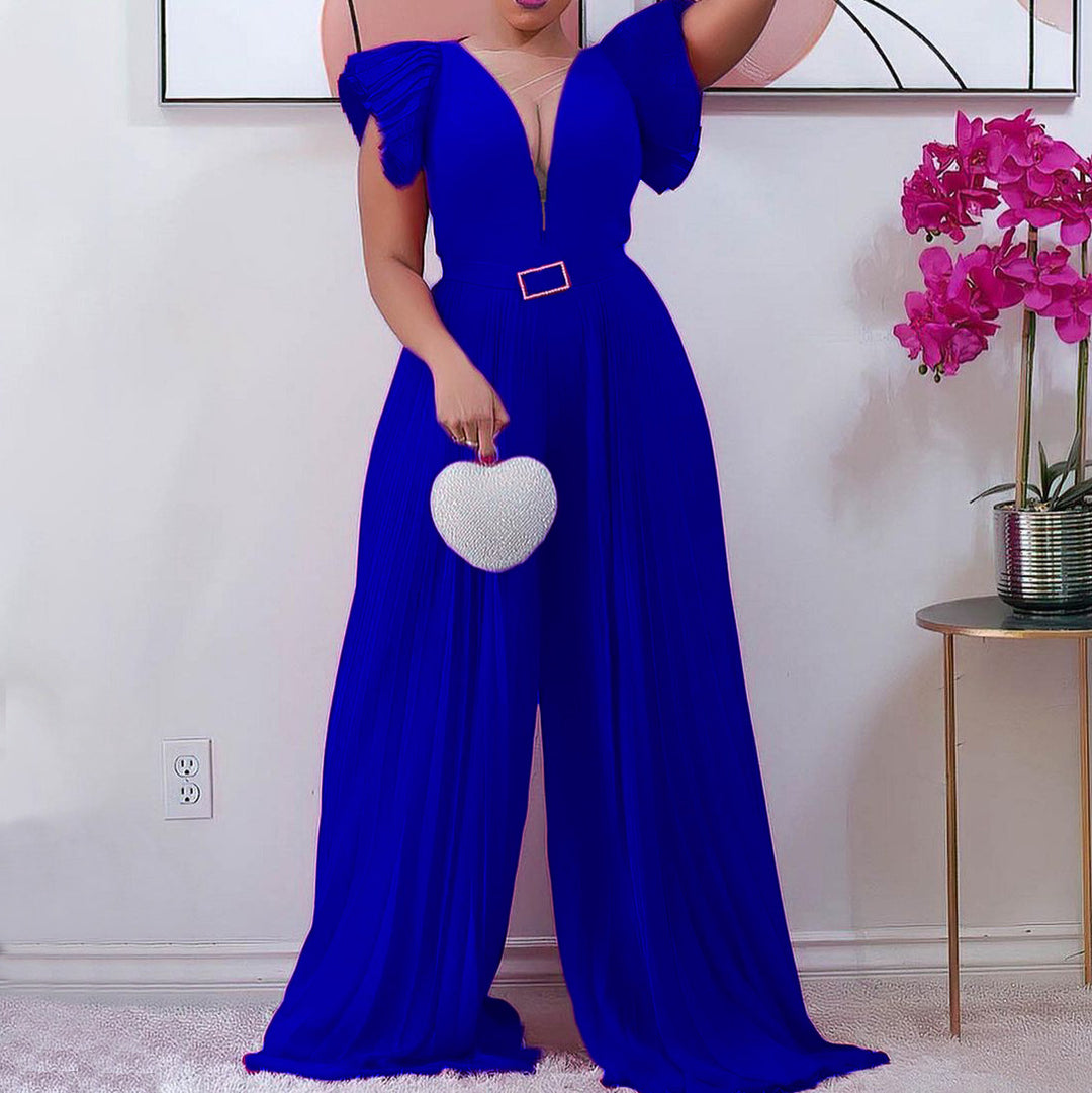 Ladies Pleated Pants with Deep V-neck and Fitted Belt Lune London