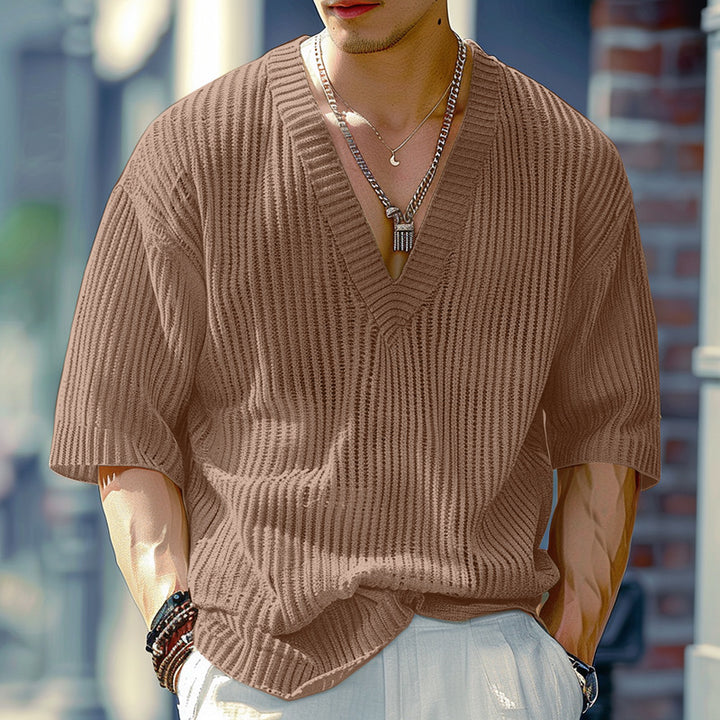 Oversized V-neck T-shirt for women in textured cotton material Lune London
