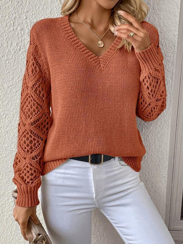 Knitted sweater for women with V-neck and crocheted sleeves Lune London