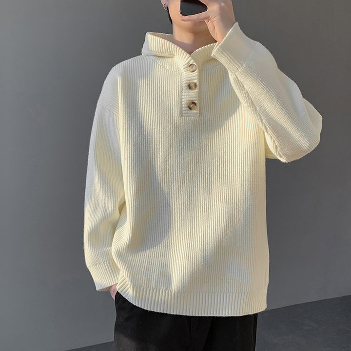 Men's knitted sweater with button placket and hood Lune London
