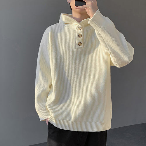Men's knitted sweater with button placket and hood Lune London