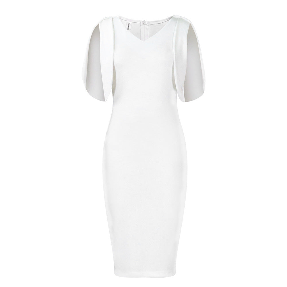 Fitted dress for women with transparent puff sleeves and V-neck Lune London