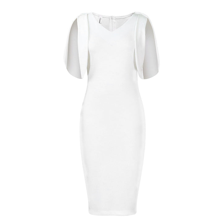 Fitted dress for women with transparent puff sleeves and V-neck Lune London