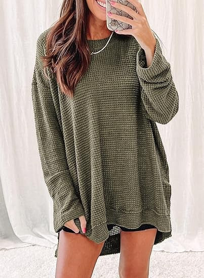 Waffle knit long sleeve sweater for women with open cut and side slits Lune London