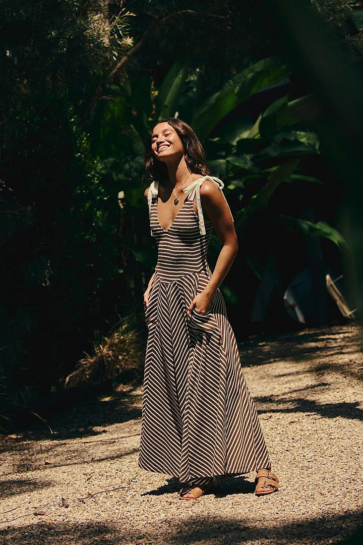 Ladies Maxi Summer Dress with playful straps and elegant V-neck