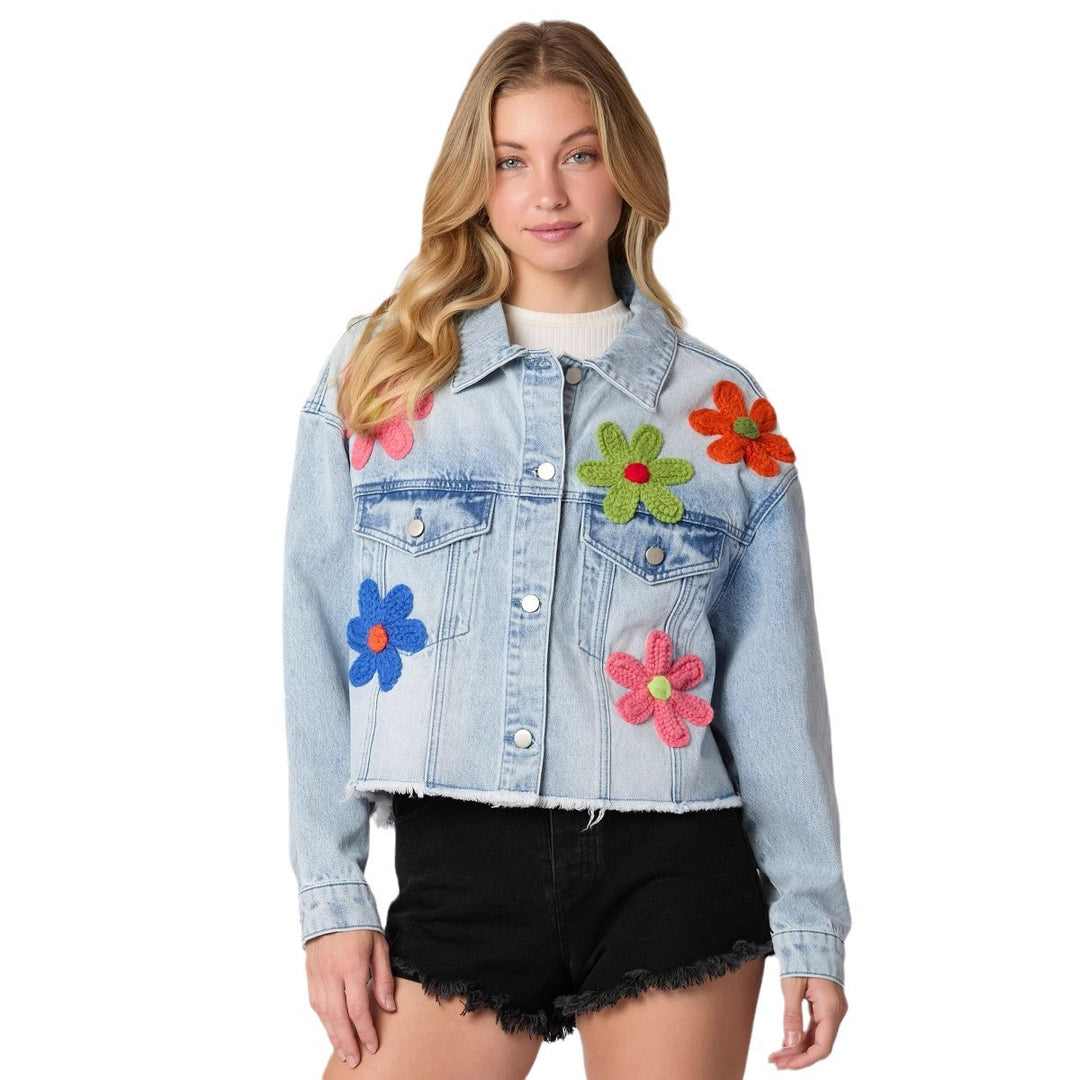 Trendy denim jacket for women with colorful football prints Lune London
