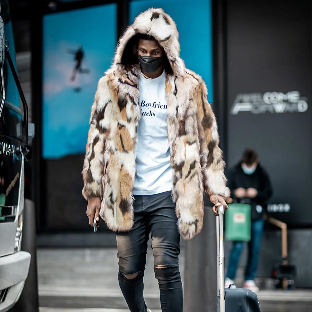 Trendy faux fur coat for men with hood and distinctive pattern Lune London