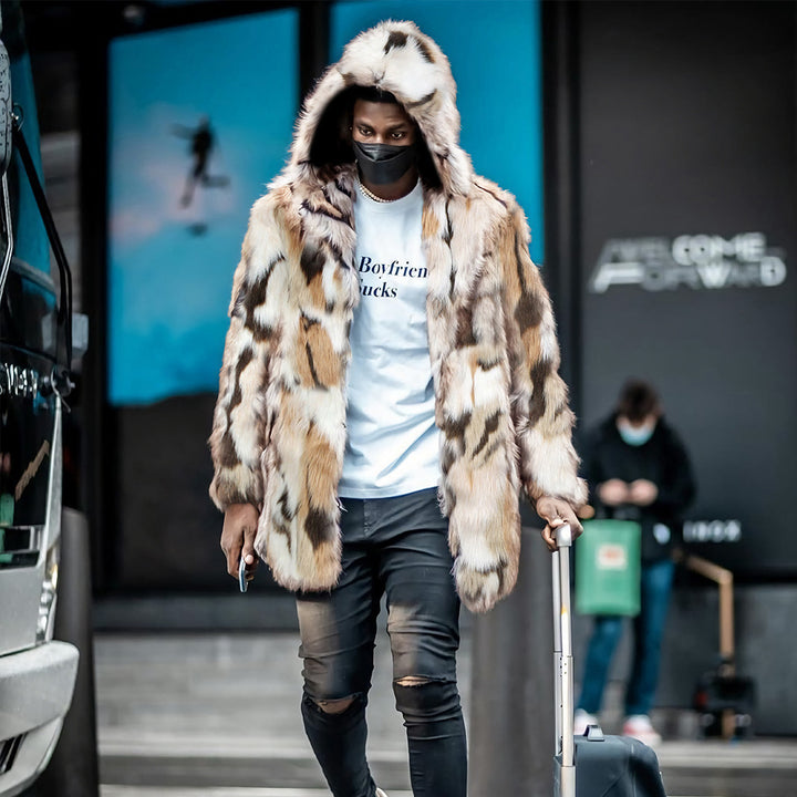 Trendy faux fur coat for men with hood and distinctive pattern Lune London