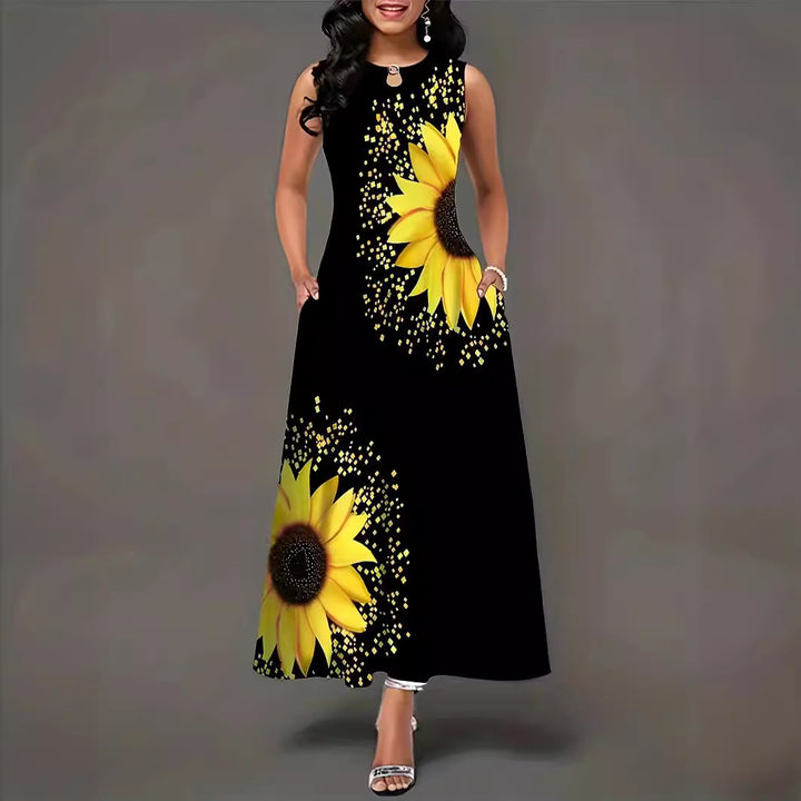 Maxi dress for women with colorful sunflower pattern and practical pockets Lune London