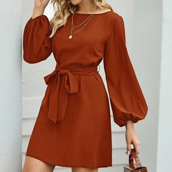 Ladies Elegant Dress with Balloon Sleeves and Waist Belt Lune London