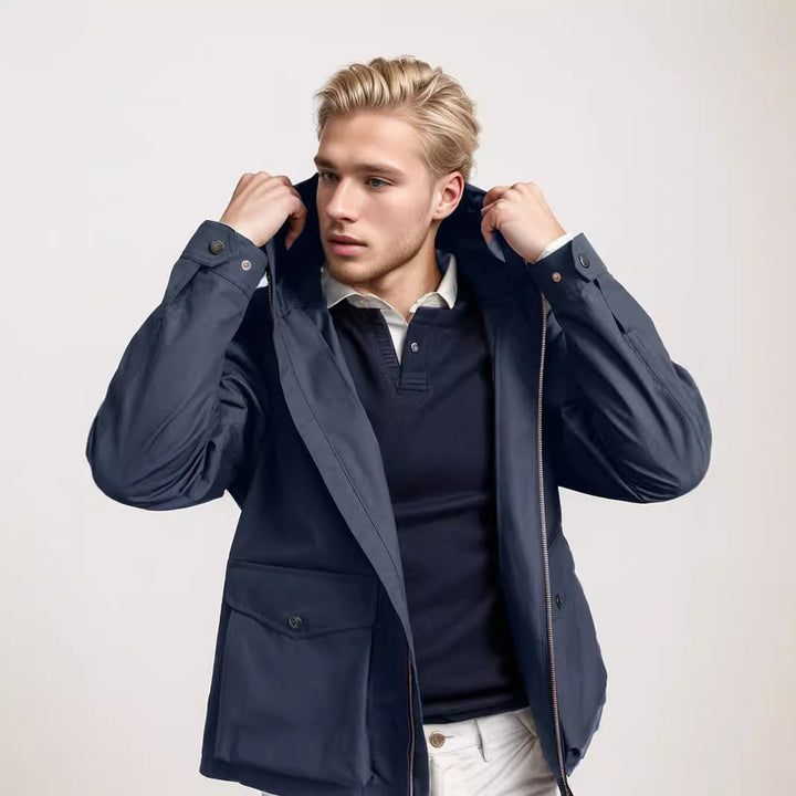 Transitional jacket for men with practical pockets and adjustable hood collar Lune London