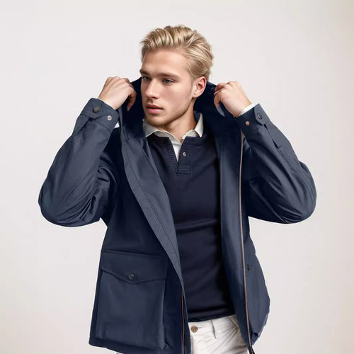 Transitional jacket for men with practical pockets and adjustable hood collar Lune London