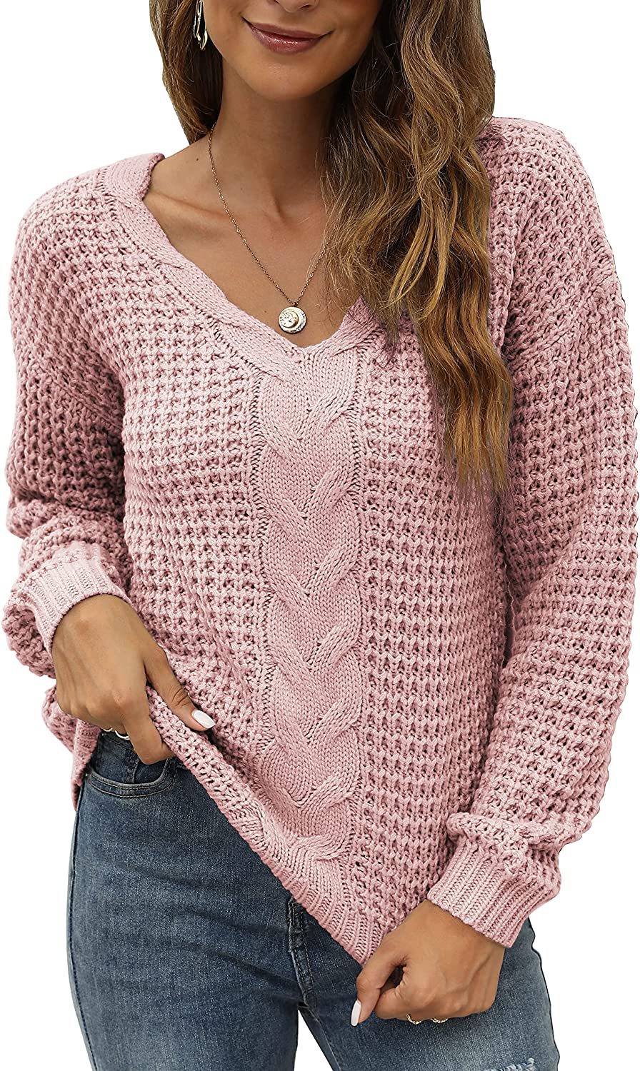 Casual knit pullover for women with deep V neckline and detailed cable pattern Lune London
