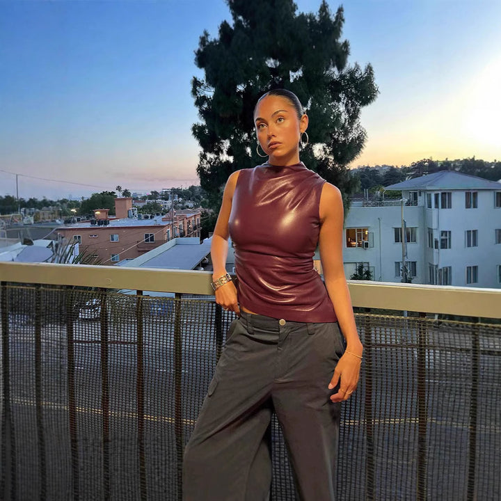 Ladies Elegant Top in high-quality faux leather with asymmetrical cut Lune London
