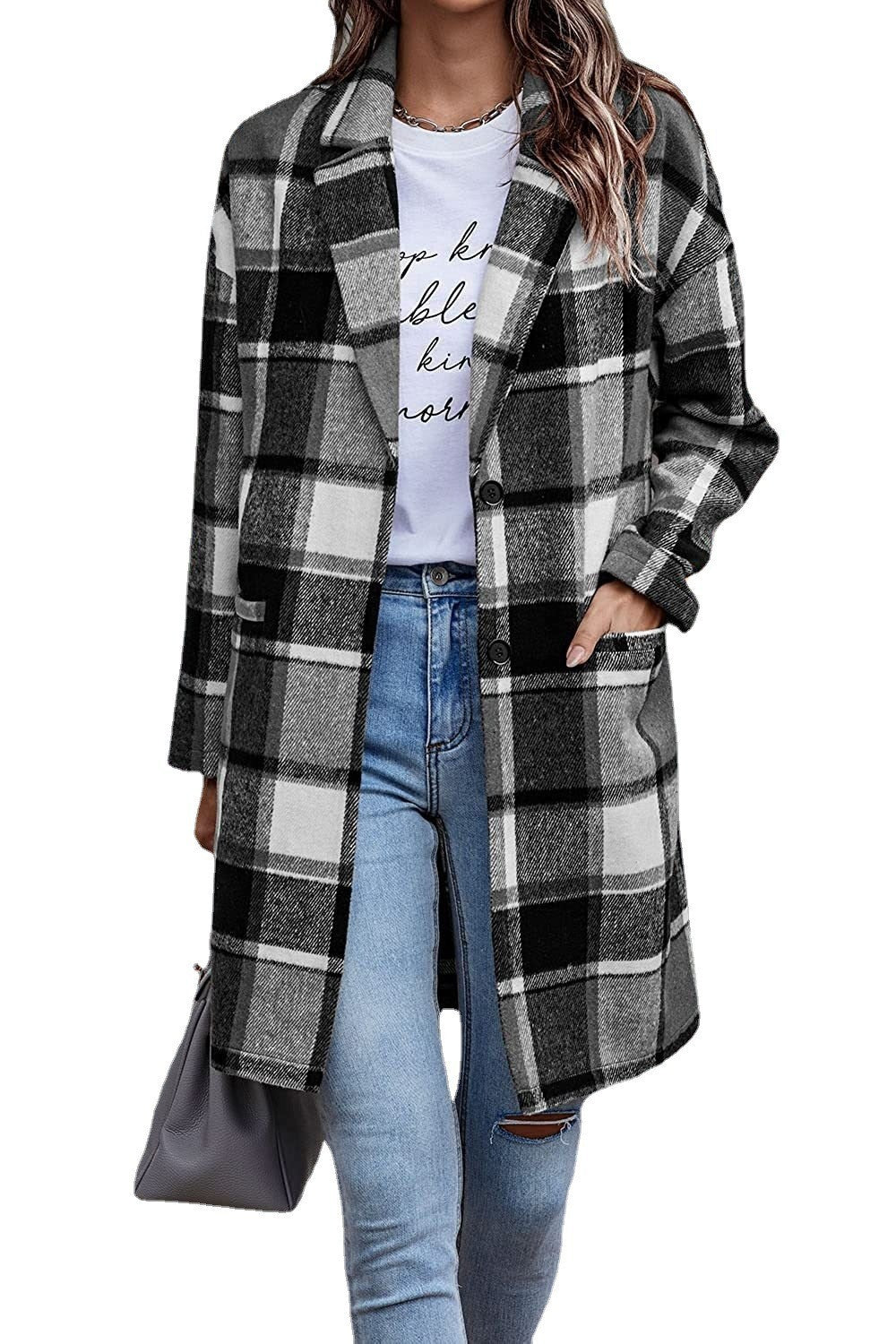 Oversized plaid coat for women with stylish pockets and turned-down collar Lune London