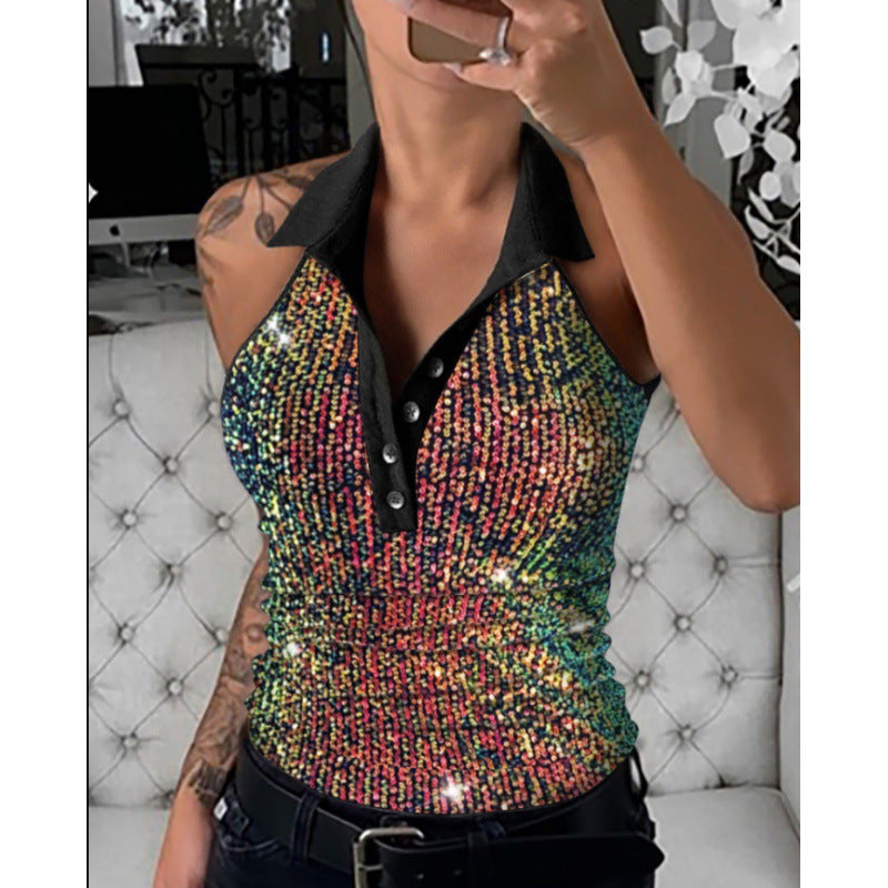 Ladies Elegant sequin leopard print polo top Lune London