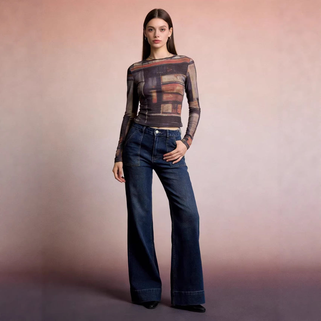 Ladies High-Waist Wide-Leg Trousers with Trendy Patch Lune London