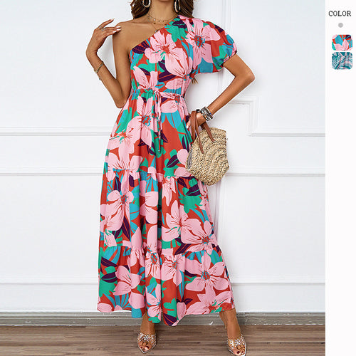 Summer maxi dress for women with asymmetric cut and floral pattern Chic & Stil