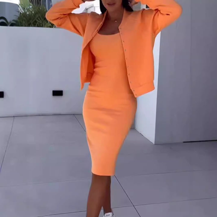 Women fashionable sweatshirt dress and chic jacket