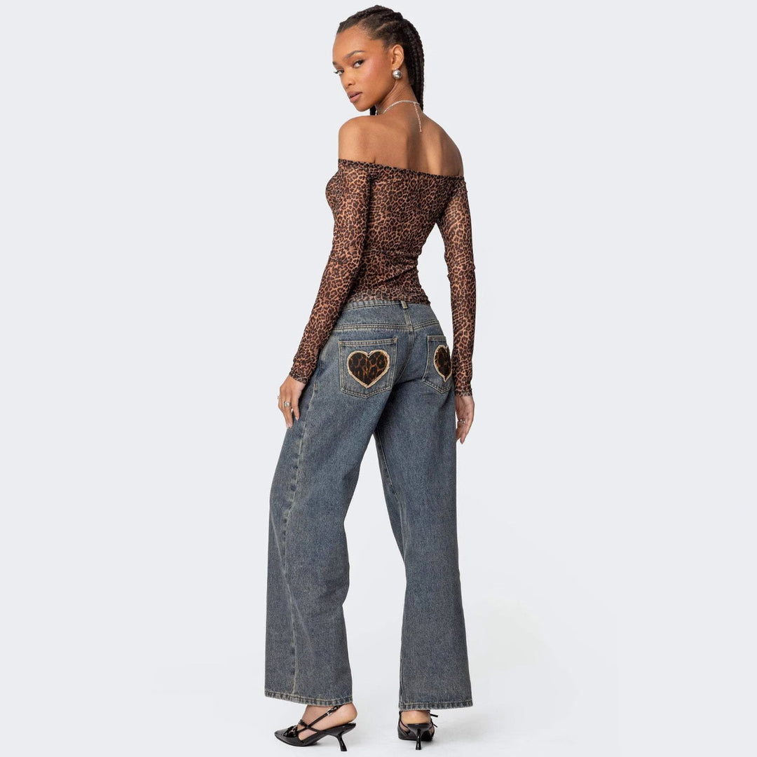 Women's Off-Shoulder Long Sleeve Shirt with Leopard Print Lune London
