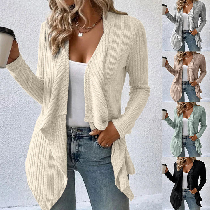 Casual knitted jacket for women with asymmetric hem and open design Lune London